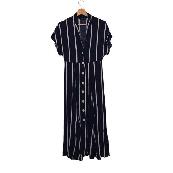 Zara Navy Blue & White Stripes Button Details midi Dress Women's Size M - Picture 1 of 13